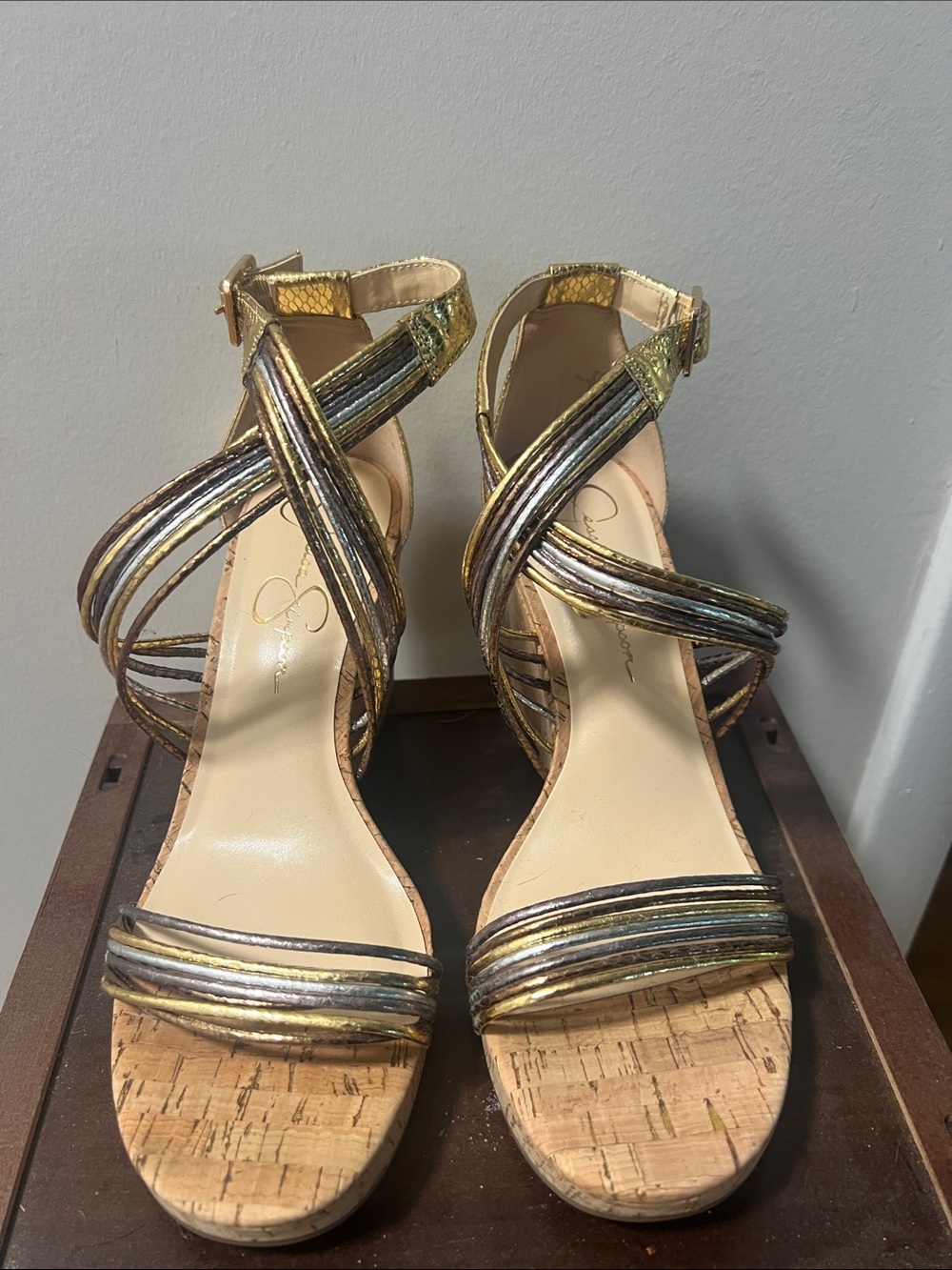 Jessica Simpson Metallic Gold and Silver Cork Wedge Sandals